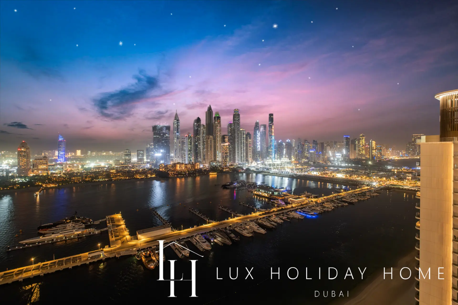 Twilight view of Dubai Harbour and the Marina skyline from the Palace Residence Suite 2